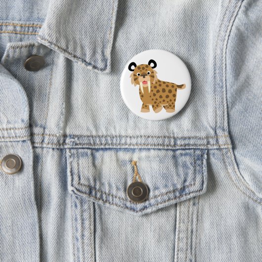 Cute Happy Cartoon Smilodon Button Badge (In situ)