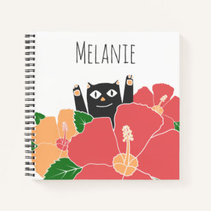 Cute Happy Cat Spring Flowers gepersonaliseerd Notitieboek
