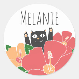 Cute Happy Cat Spring Flowers gepersonaliseerd Ronde Sticker