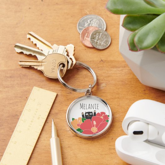 Cute Happy Cat Spring Flowers gepersonaliseerd Sleutelhanger (Bureau)