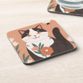 Cute Happy Cat with Spring Flowers  Bier Onderzetter (Linkerzijde)