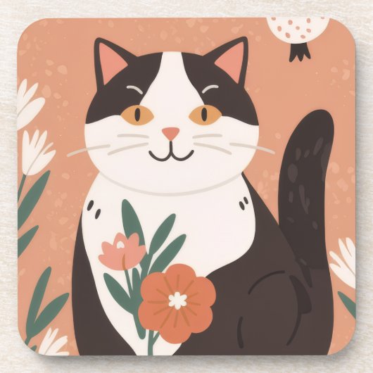 Cute Happy Cat with Spring Flowers  Bier Onderzetter (Voorkant)