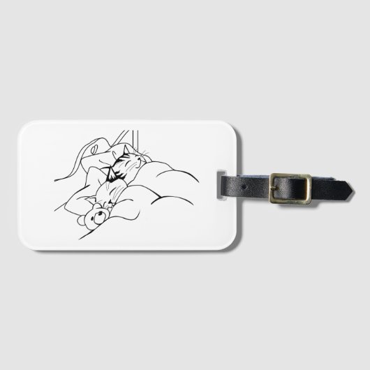 Cute Happy Cats die in bed met Teddy Bear slapen Bagagelabel (Voorkant (horizontaal))