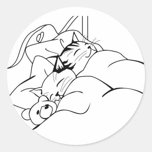 Cute Happy Cats die in bed met Teddy Bear slapen Ronde Sticker (Voorkant)