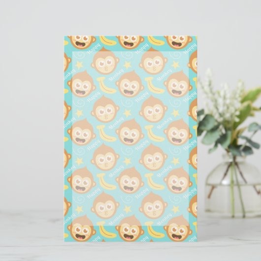Cute, Happy, Cheeky Monkey Pattern met Bananas Briefpapier (Staand voorkant)