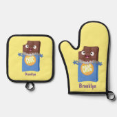 Cute happy chocola snoep bar cartoon ovenwant & pannenlap set (Voorkant)