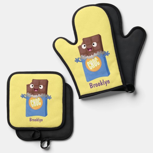 Cute happy chocola snoep bar cartoon ovenwant & pannenlap set (Voorkant / Achterkant)