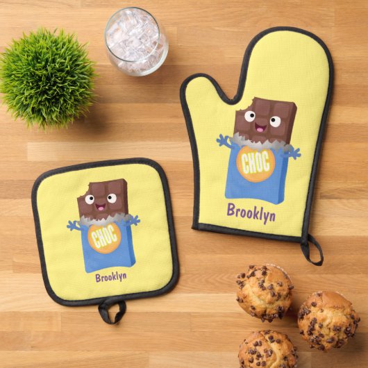 Cute happy chocola snoep bar cartoon ovenwant & pannenlap set (Top down)