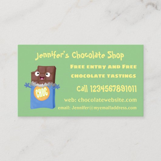 Cute happy chocola snoep bar cartoon visitekaartje (Voorkant)