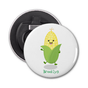 Cute happy corn cartoon illustratie button flesopener