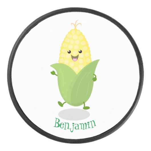 Cute happy corn cartoon illustratie hockey puck (Voorkant)