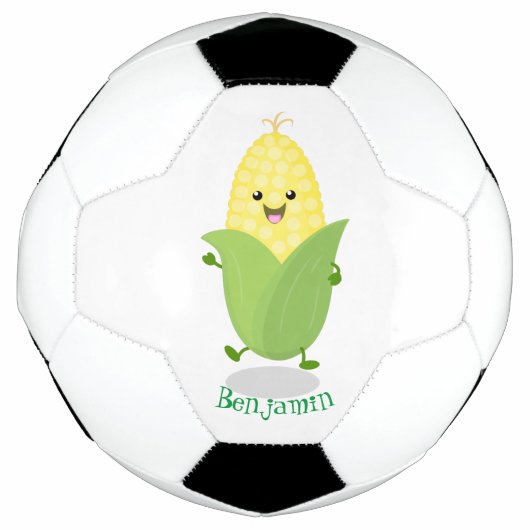 Cute happy corn cartoon illustratie voetbal (Voorkant)