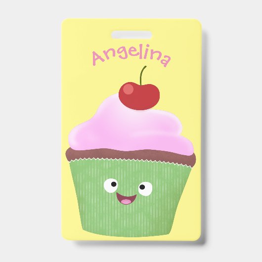 Cute happy cupcake cartoon illustratie badge (Voorzijde)