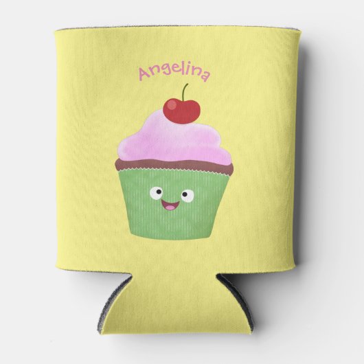 Cute happy cupcake cartoon-illustratie blikjeskoeler (Voorkant)