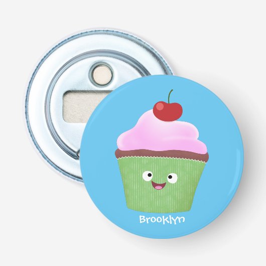 Cute happy cupcake cartoon-illustratie button flesopener (Voorkant)