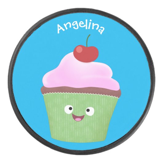 Cute happy cupcake cartoon-illustratie hockey puck (Voorkant)