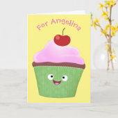 Cute happy cupcake cartoon-illustratie kaart (Gele Bloem)