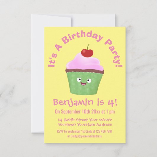 Cute happy cupcake cartoon-illustratie kaart (Voorkant)