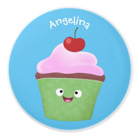 Cute happy cupcake cartoon-illustratie keramische knop (Voorkant)