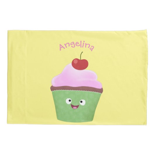 Cute happy cupcake cartoon-illustratie kussensloop (Achterkant)
