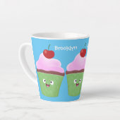 Cute happy cupcake cartoon-illustratie latte mok (Linkerhoek)