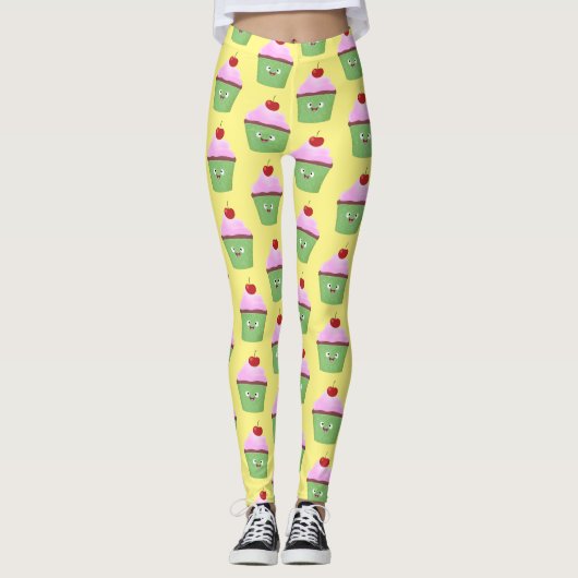 Cute happy cupcake cartoon-illustratie leggings (Voorkant)