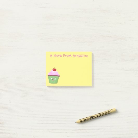 Cute happy cupcake cartoon-illustratie post-it® notes (Op bureau)