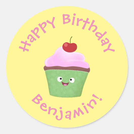 Cute happy cupcake cartoon-illustratie ronde sticker (Voorkant)