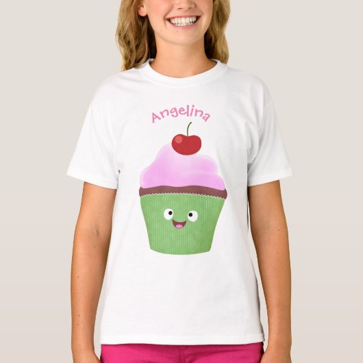 Cute happy cupcake cartoon-illustratie t-shirt (Voorkant)