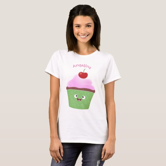 Cute happy cupcake cartoon-illustratie t-shirt (Voorkant volledig)