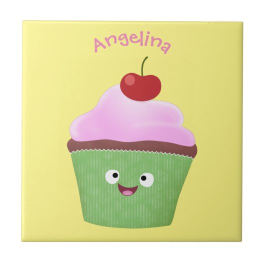 Cute happy cupcake cartoon-illustratie tegeltje (Voorkant)