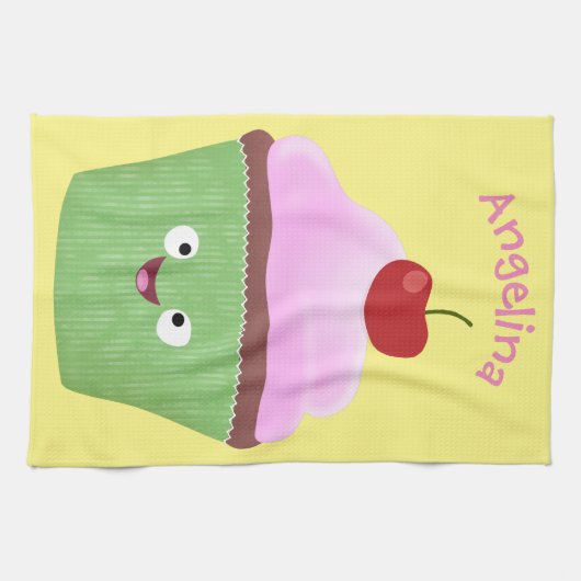 Cute happy cupcake cartoon-illustratie theedoek (Horizontaal)