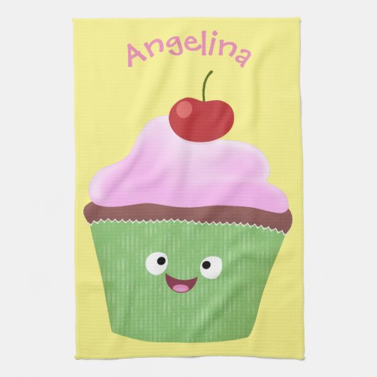 Cute happy cupcake cartoon-illustratie theedoek (Verticaal)
