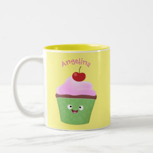 Cute happy cupcake cartoon-illustratie tweekleurige koffiemok