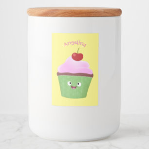 Cute happy cupcake cartoon-illustratie voedselcontainer etiket