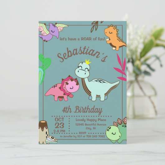 Cute Happy Dinosaur Birthday Party Invitation Kaart (Staand voorkant)