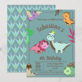 Cute Happy Dinosaur Birthday Party Invitation Kaart (Voorkant / Achterkant)