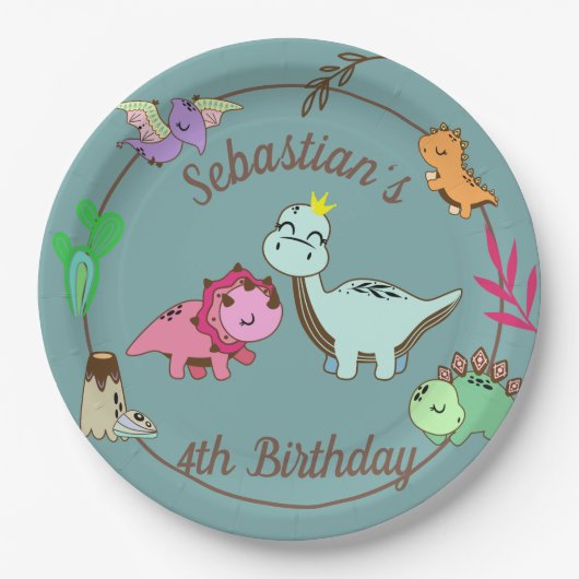Cute Happy Dinosaurs Birthday Party Papieren Bordje (Voorkant)