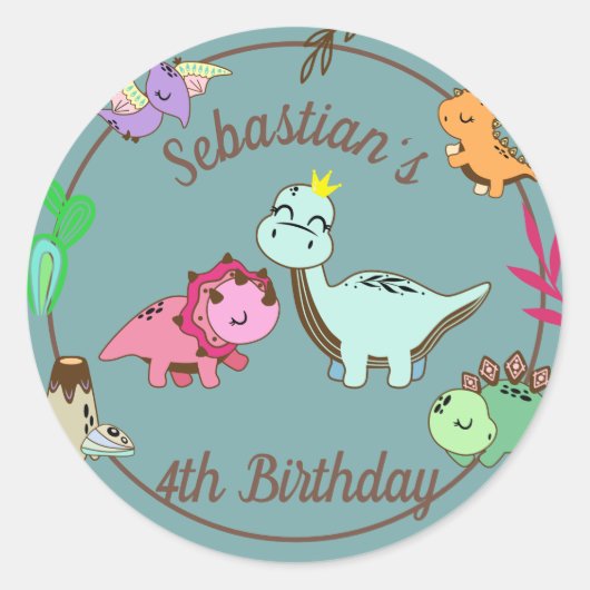 Cute Happy Dinosaurs Birthday Party Ronde Sticker (Voorkant)