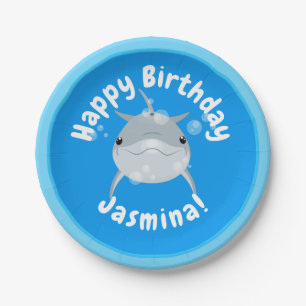 Cute happy dolphin bubbles cartoon illustratie papieren bordje