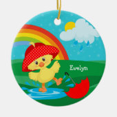 Cute Happy Duck in Rain met Rainbow Custom Photo Keramisch Ornament (Voorkant)