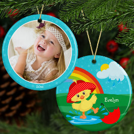 Cute Happy Duck in Rain met Rainbow Custom Photo Keramisch Ornament