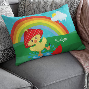 Cute Happy Duck in Rain met regenboog Accent Kussen