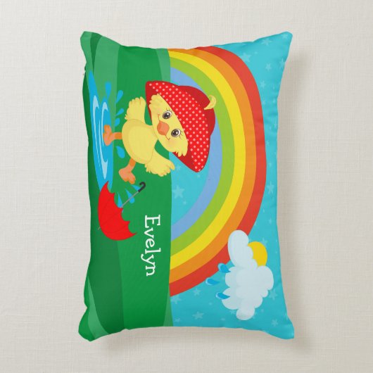 Cute Happy Duck in Rain met regenboog Accent Kussen (Voorkant(Verticaal))