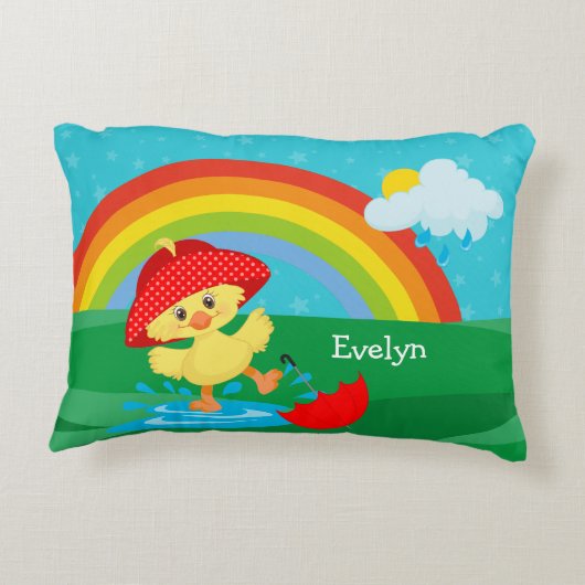 Cute Happy Duck in Rain met regenboog Accent Kussen (Achterkant)
