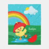 Cute Happy Duck in Rain met regenboog Fleece Deken (Voorkant)