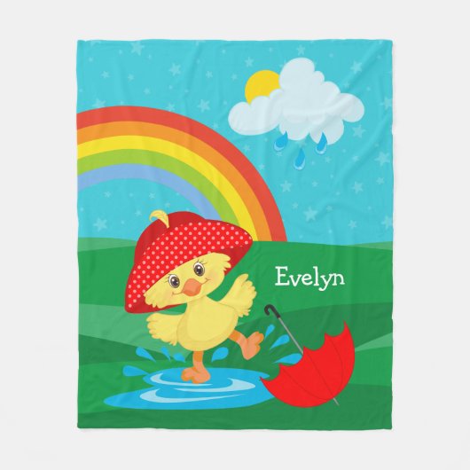 Cute Happy Duck in Rain met regenboog Fleece Deken (Voorkant)
