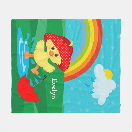 Cute Happy Duck in Rain met regenboog Fleece Deken (Voorkant (Horizontaal))