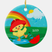 Cute Happy Duck in Rain met regenboog Keramisch Ornament (Achterkant)