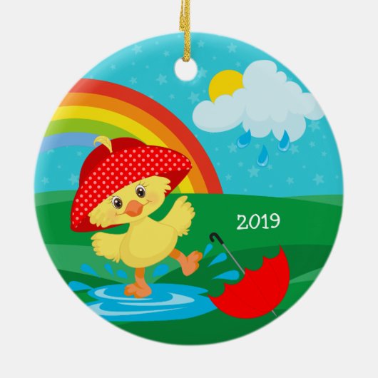 Cute Happy Duck in Rain met regenboog Keramisch Ornament (Achterkant)